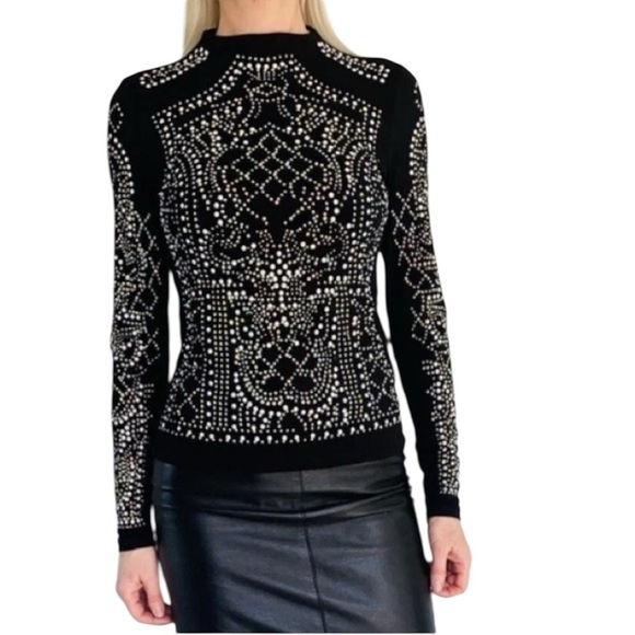 Xtaren Tops - 🔥 XTAREN Black Rhinestone and Beaded Top Bling Mess Mock Neck Top Size S
